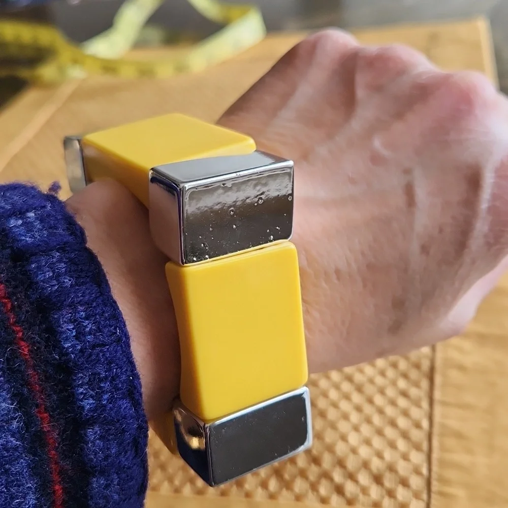 Yellow and Silver Stretch Bracelet Square Shape Geometric Chunky Bangle